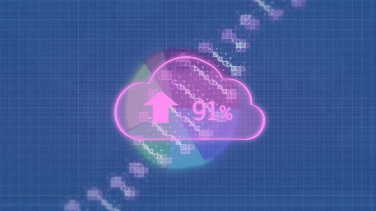 Animation of cloud with number over dna chain and graphs on blue background