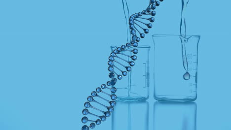 animation of dna chain and measuring cups on blue background