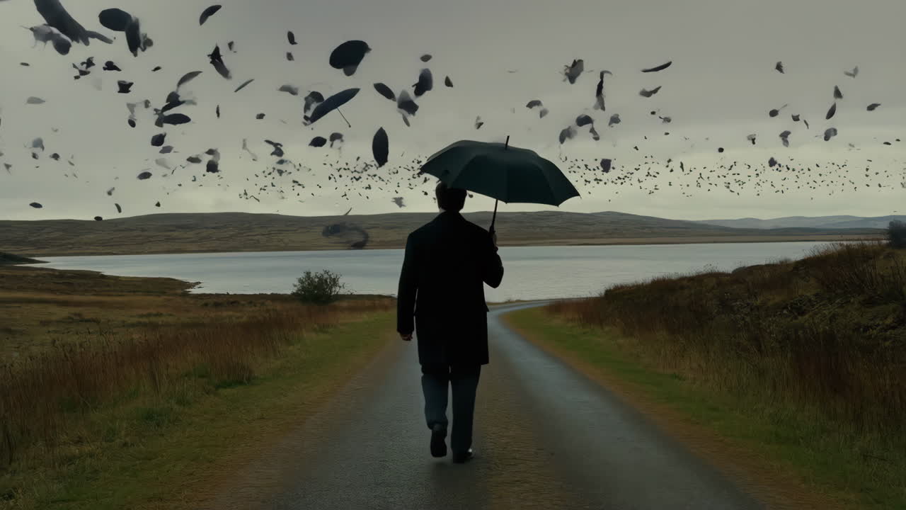 Man Walking on a Path with Umbrella Amidst Flying Objects