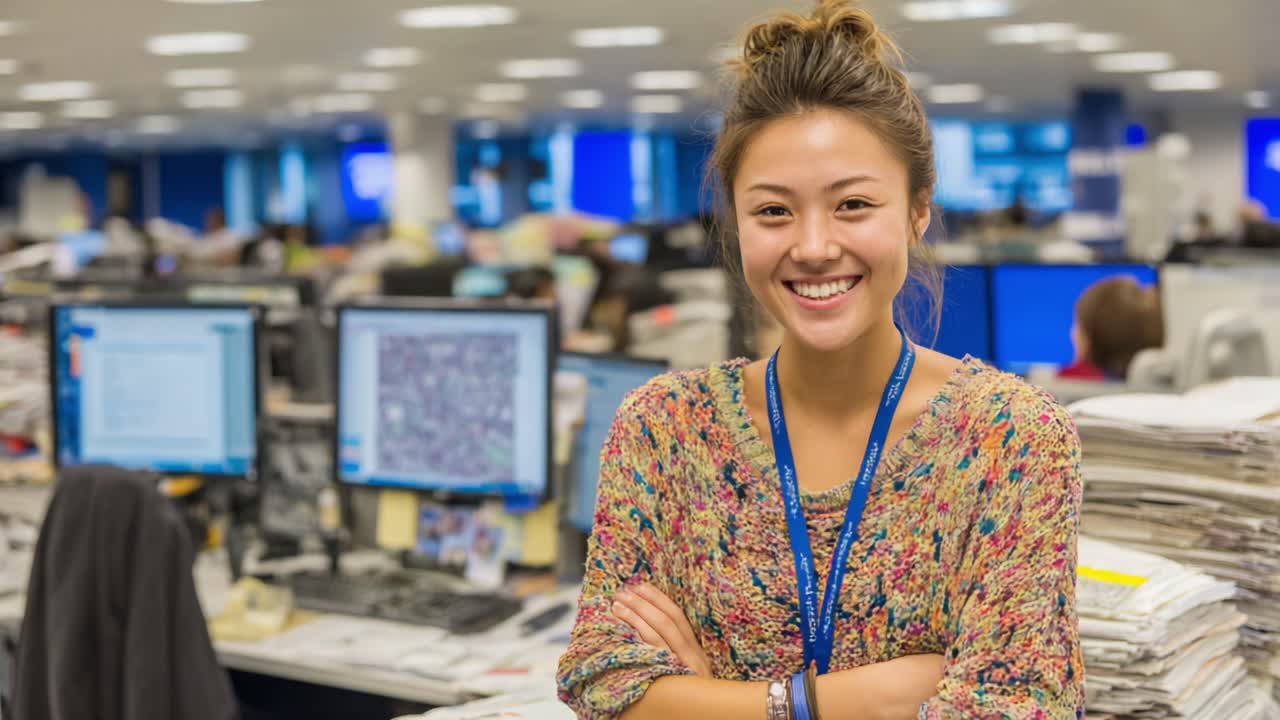 A cheerful young woman with a joyful smile poses confidently in a busy office environment, showcasing her vibrant personality amidst a sea of paperwork and computers