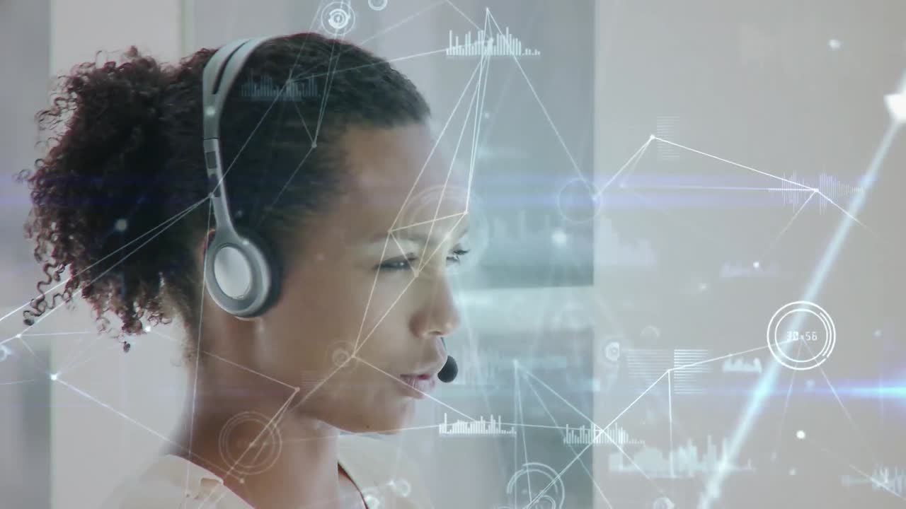 Animation of network of connections, statistics over businesswoman using phone headsets