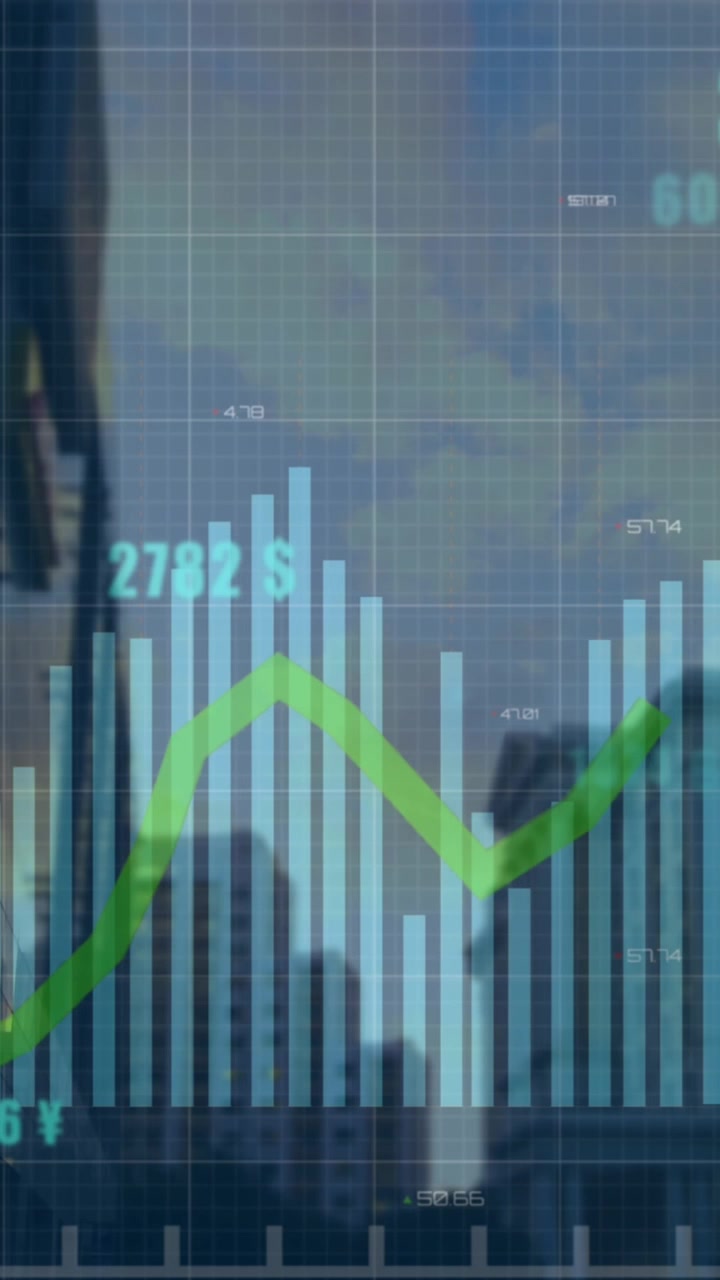 Animazione di elaborazione dati statistici su una vista aerea dello skyline urbano