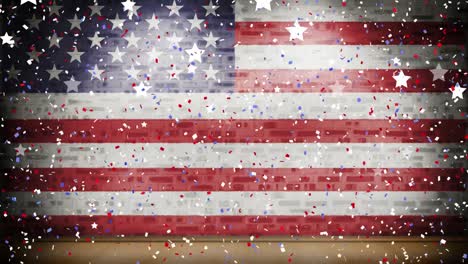 animation of red, white and blue confetti falling over flag of america