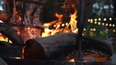 pile of firewood burning in slow motion on a grill at an outdoor campsite