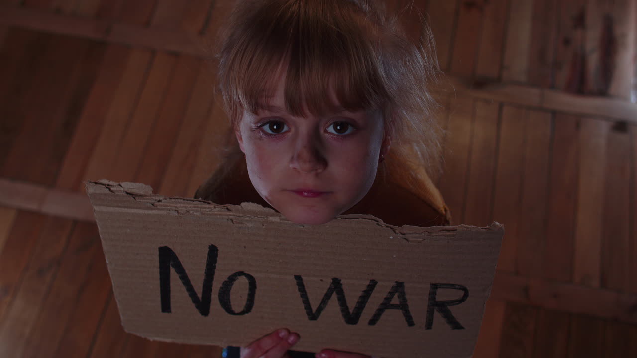 Afraid homeless toddler girl sitting holding inscription No War, hiding from bombing attack at home