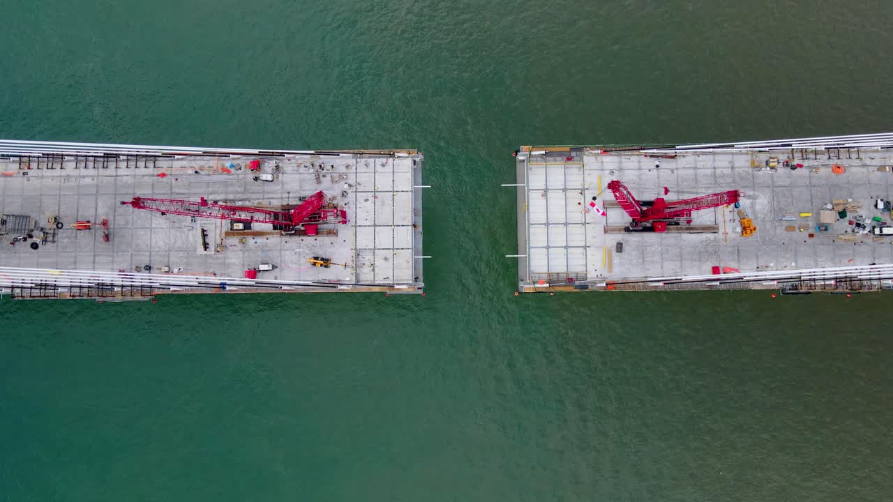 Aerial view of Gordie Howe International Bridge construction over the Detroit River