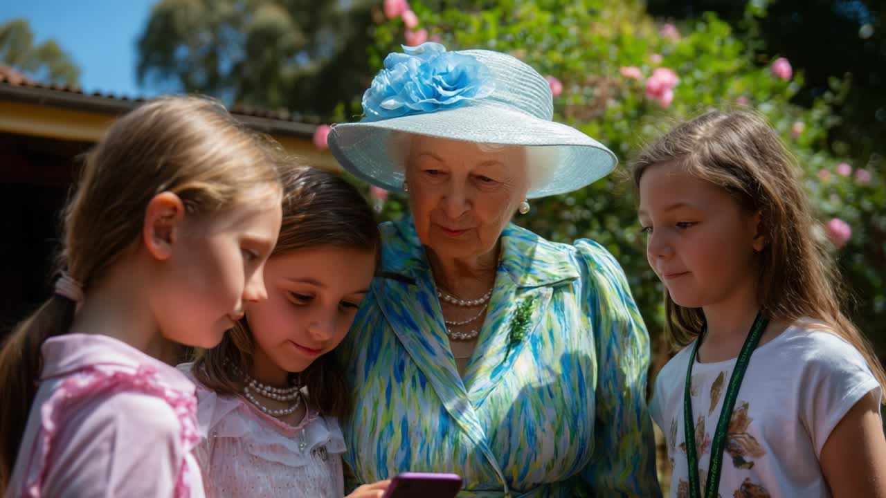 Elderly woman and children looking at a smartphone in a garden