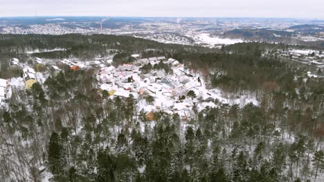 Sich-Rückwärts-Bewegende-Antenne-über-Schneebedeckte-Hütten-Inmitten-Hoher-Bäume-In-Ländlichen-Vororten