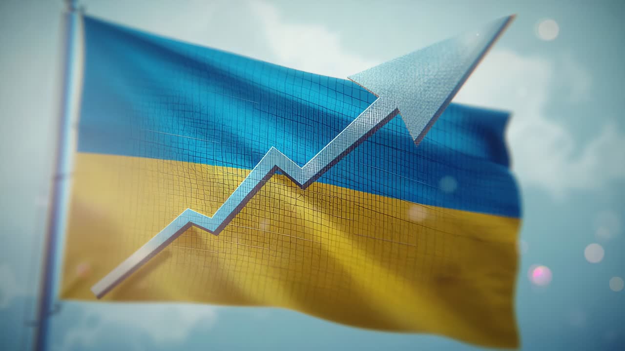 Waving Ukrainian flag rippling in gentle breeze on flagpole, showing metallic upward arrow overlay