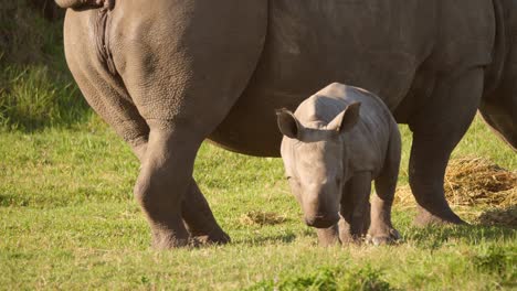 white rhino calf suckling from its mother for milk, side view