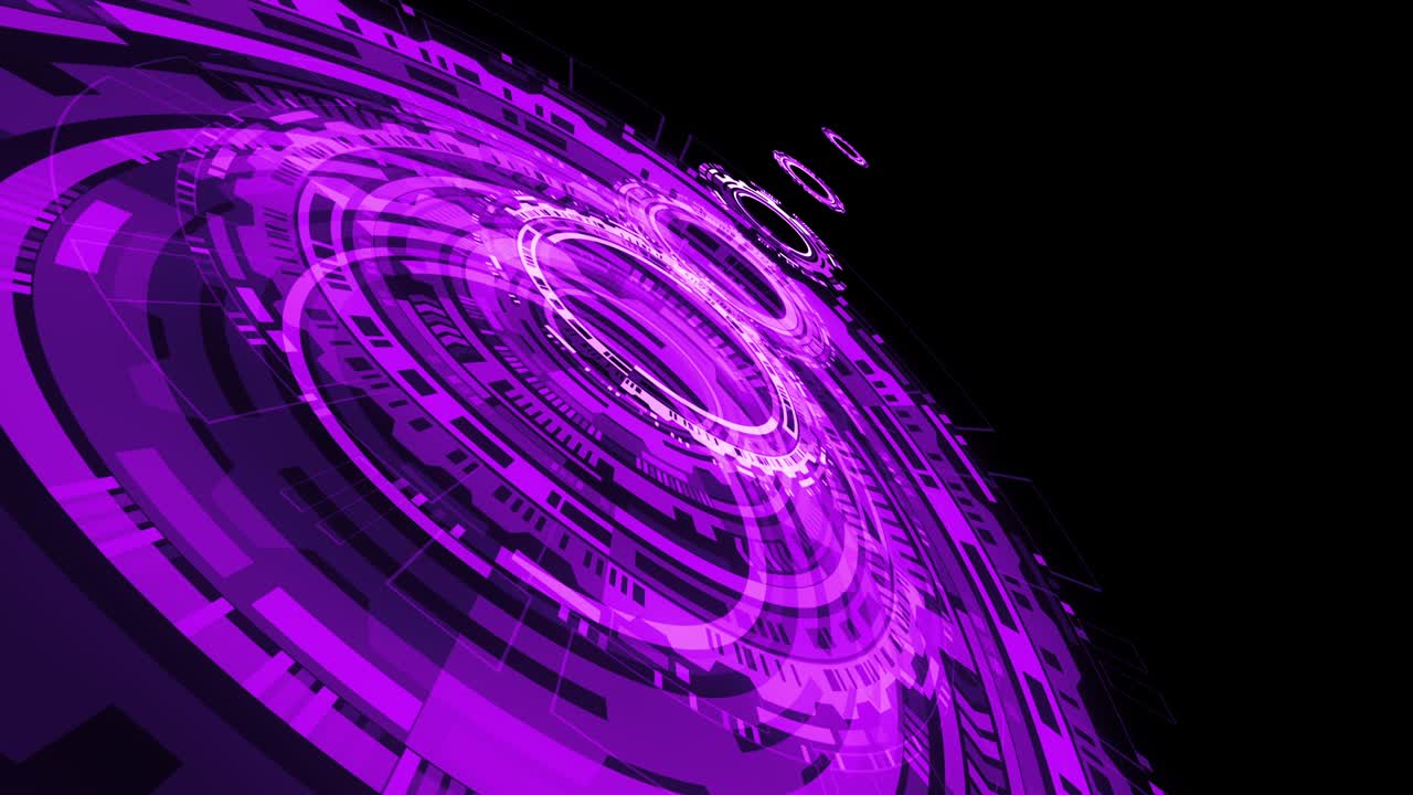 Abstract purple violet science technology HUD circle interfaces seamless looping background, Hi-tech futuristic hologram display. 4K 3D render High Tech Concept Looped. Modern cyberspace innovation.