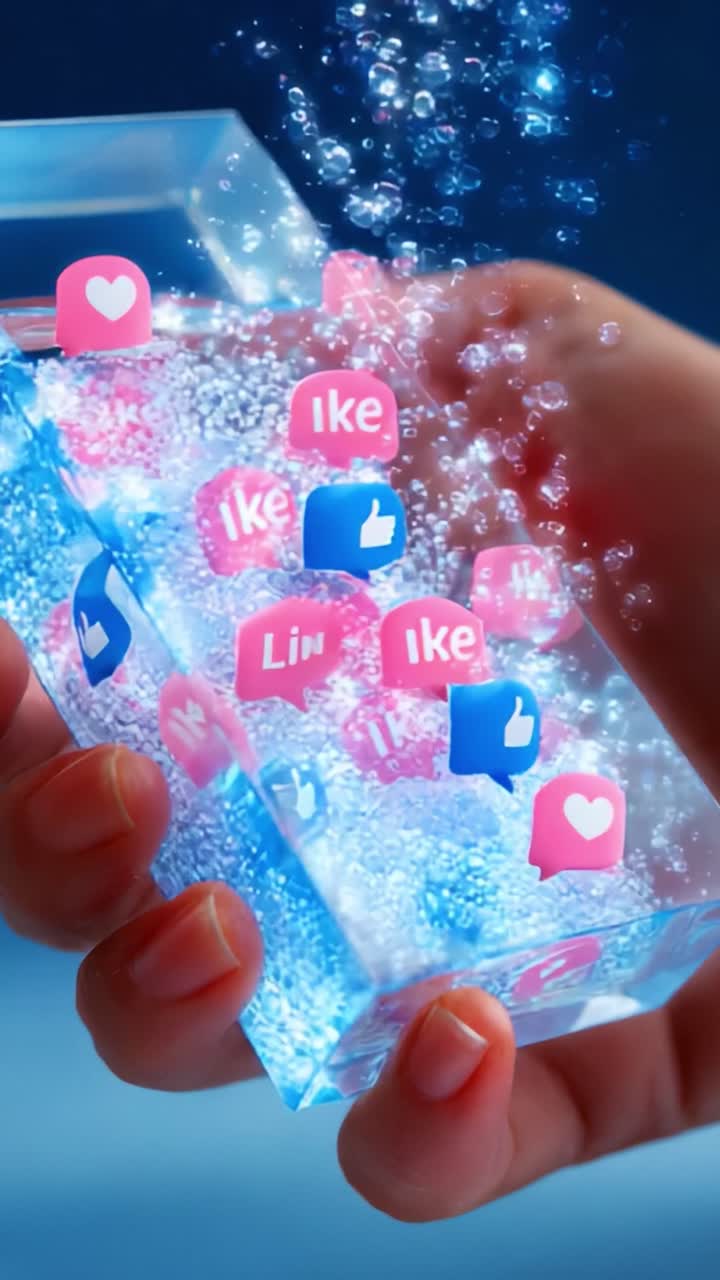 A hand emerges from a vibrant blue backdrop, grasping a transparent container filled with sparkling water and vibrant social media icons, symbolizing the dynamic interaction of digital communication and modern connectivity