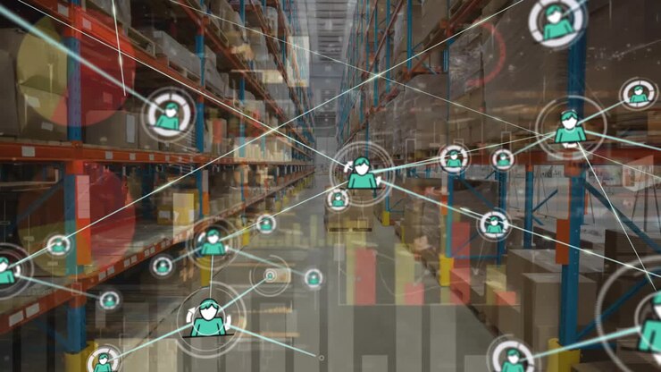 Animation of network of connections with icons over warehouse