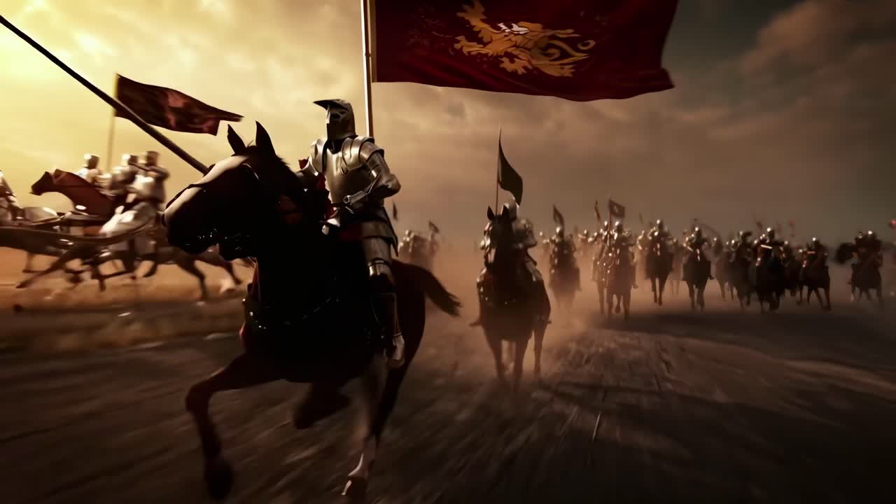 Carga épica de cavalaria medieval ao pôr do sol, capturada de um ângulo baixo, ideal para uso em vídeo