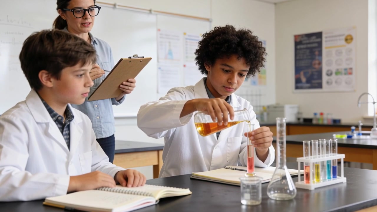 Pouring student lifting amber bottle, pouring orange into graduated tube at lab bench, noting level