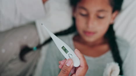 thermometer, sick and parent with child in bed