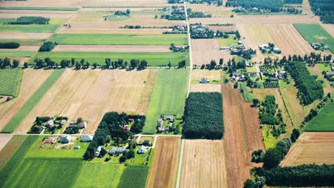 Bird's-eye-view-of-agricultural-area-and-green-wavy-fields-in-sunny-day