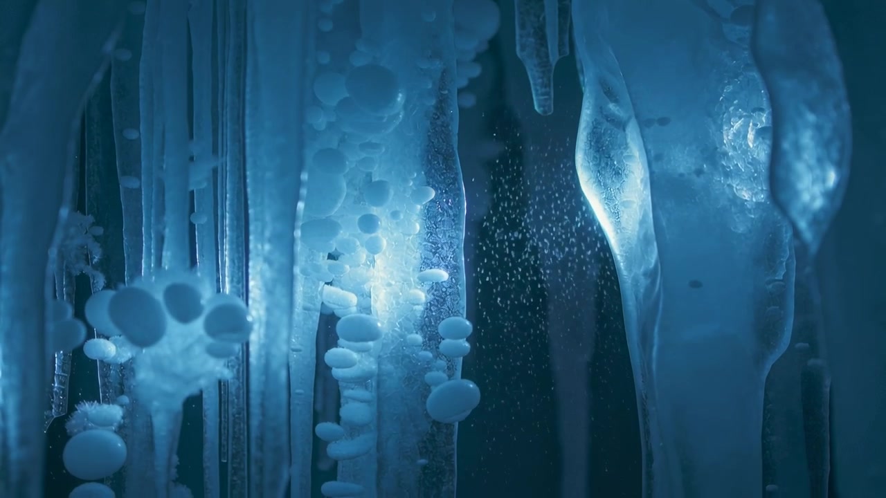 Glowing ice columns and bubble column revealing textures under blue light, frost drifting in cave