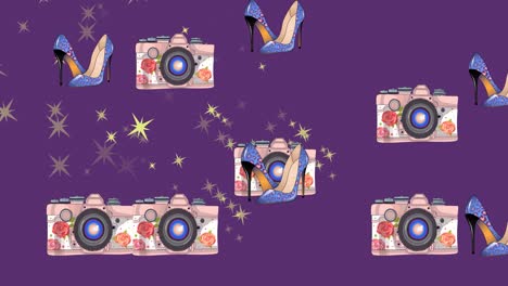 animation of heels, cameras and stars over purple background