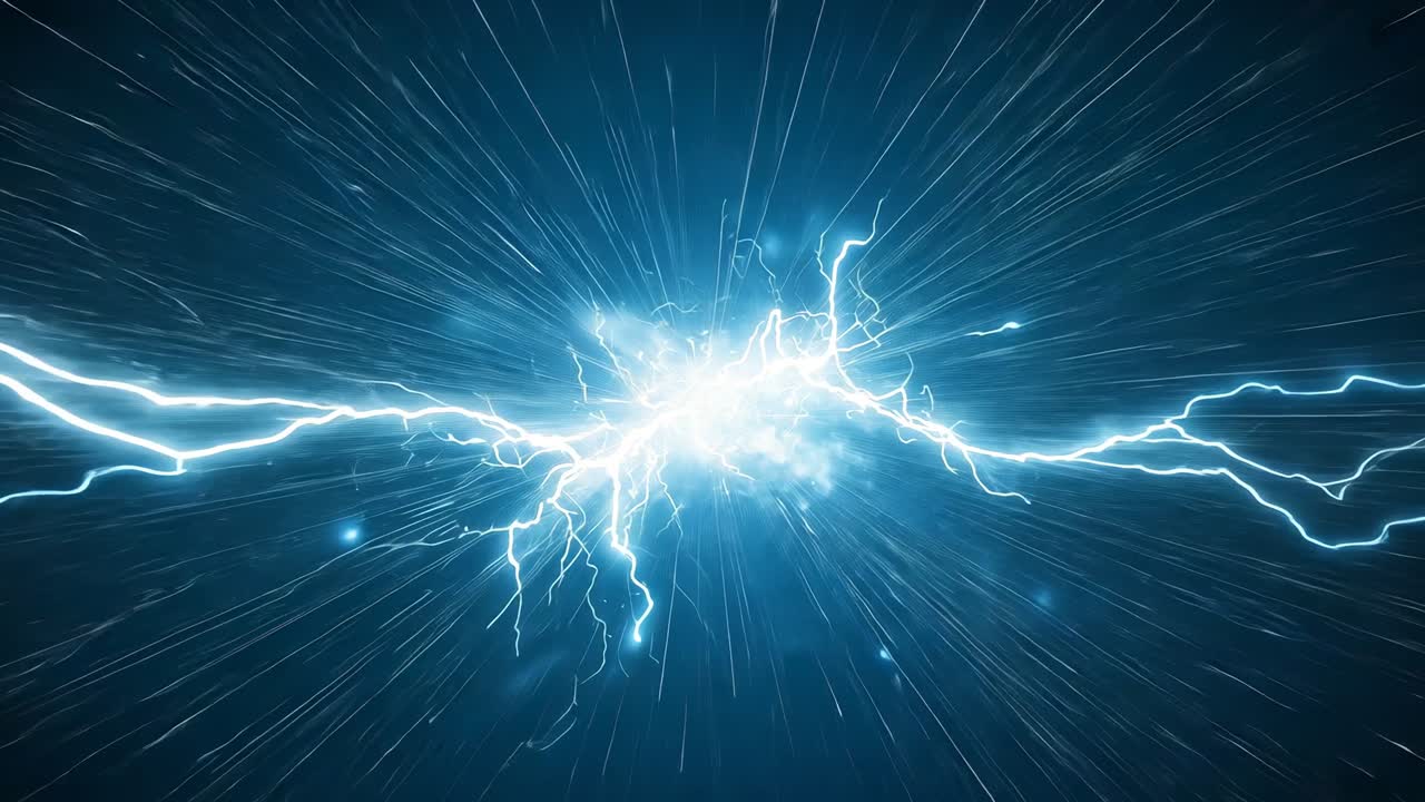 Electric-blue core pulsating after initial burst in starfield void, with arcs and radial streaks