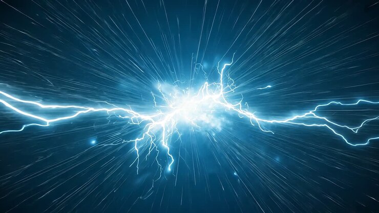 Electric-blue core pulsating after initial burst in starfield void, with arcs and radial streaks