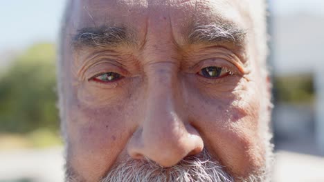 portrait close up of happy senior biracial man smiling in garden, unaltered, in slow motion