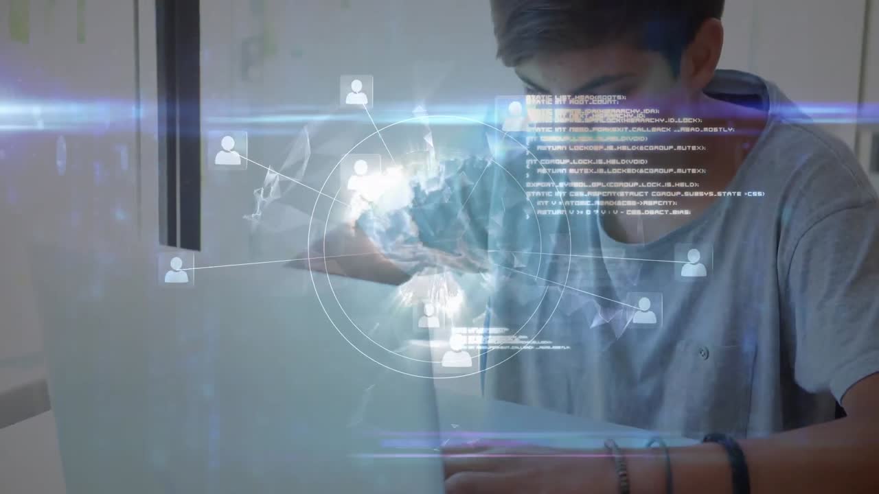 아이콘과 데이터 처리와 함께 지구촌의 애니메이션 학교에서 백인 남성 학생