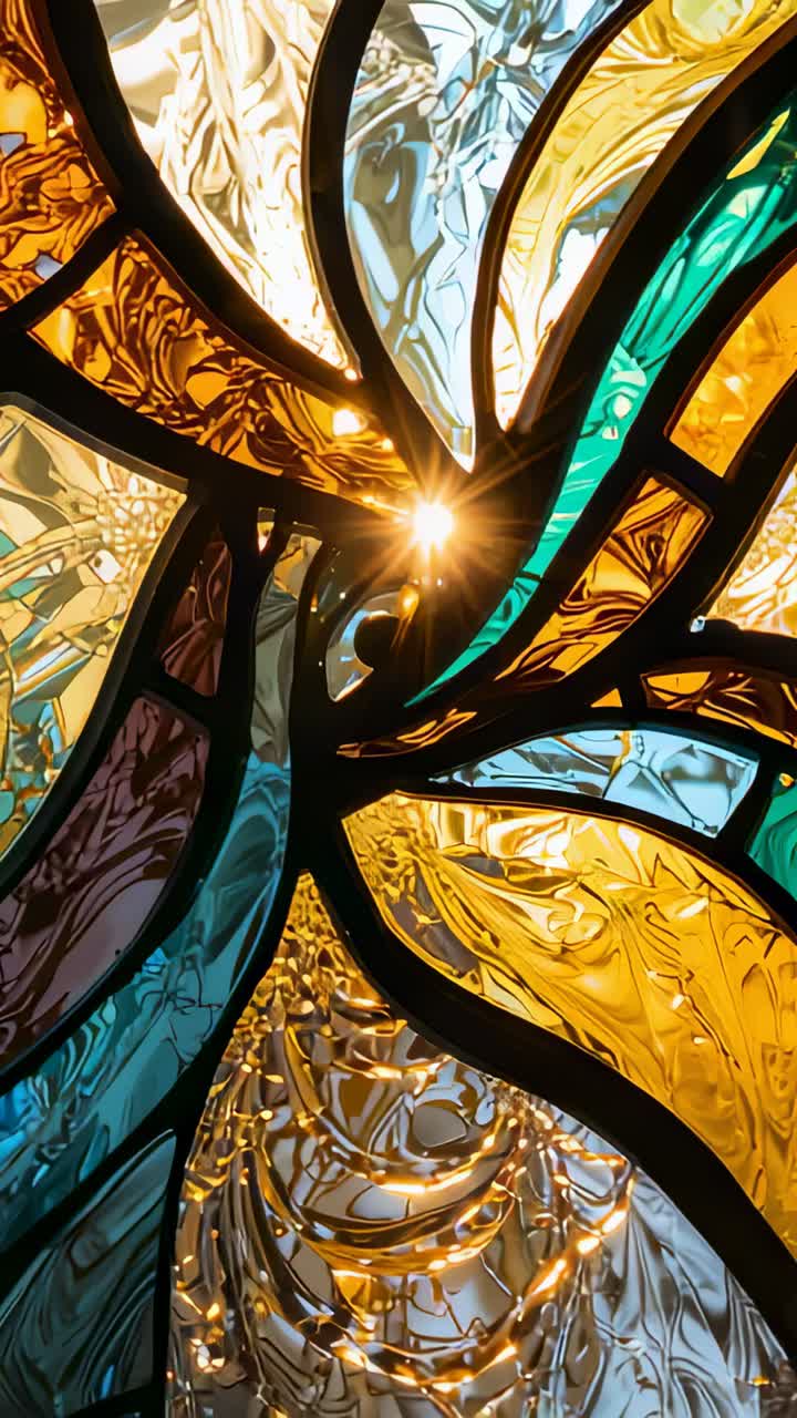 Vertical video: Catching sunlight, stained glass panel at window showing shifting sunflare ripples