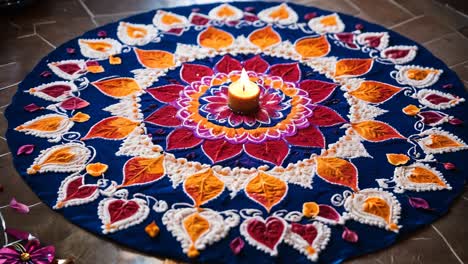 hermoso diseño de rangoli con vela