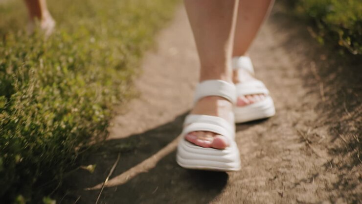 Vista delle gambe di una donna con sandali bianchi che si allontana da un sentiero sterrato, proiettando un'ombra a terra, con una vista parziale di un'altra persona sullo sfondo, circondata dal verde sotto la calda luce del sole.