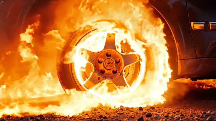 ein auto wird von flammen am straßenrand erwischt