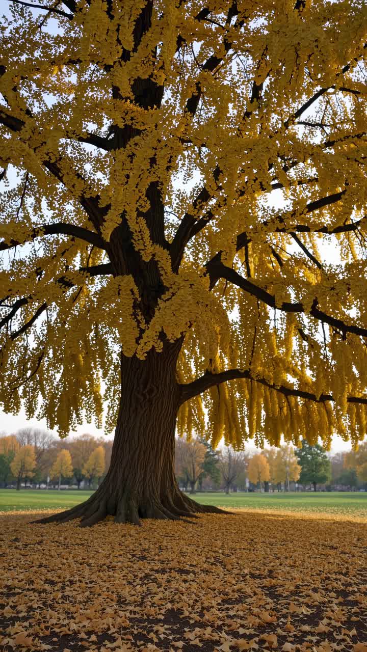 Un albero maestoso con foglie dorate, catturato da un angolo basso, che crea una serena scena autunnale