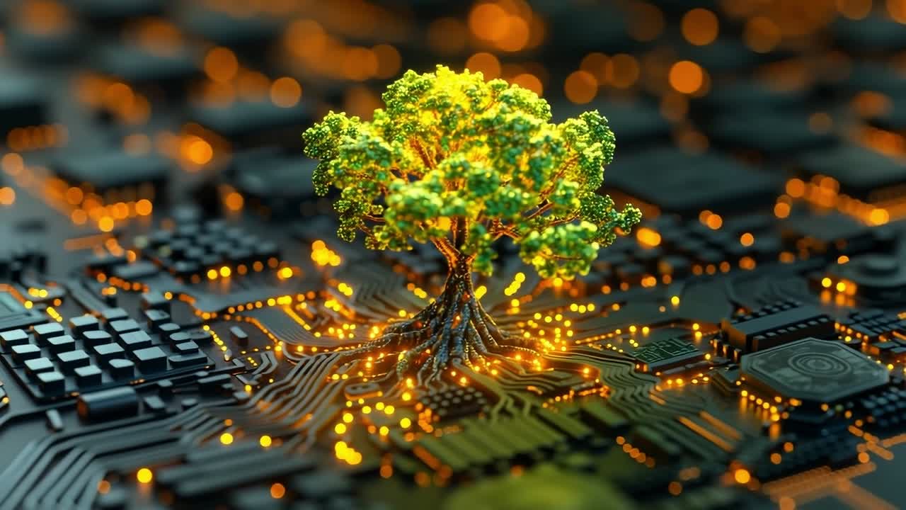 Tree in a circuit board. A vibrant tree emerges from a circuit board, symbolizing technology and nature interconnected in harmony.