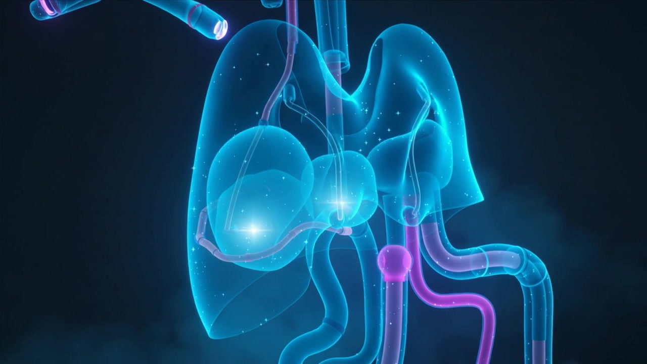 Telecamera rotante che mostra polmoni chiari per evidenziare i bronchi in un rendering medico con nodo magenta.