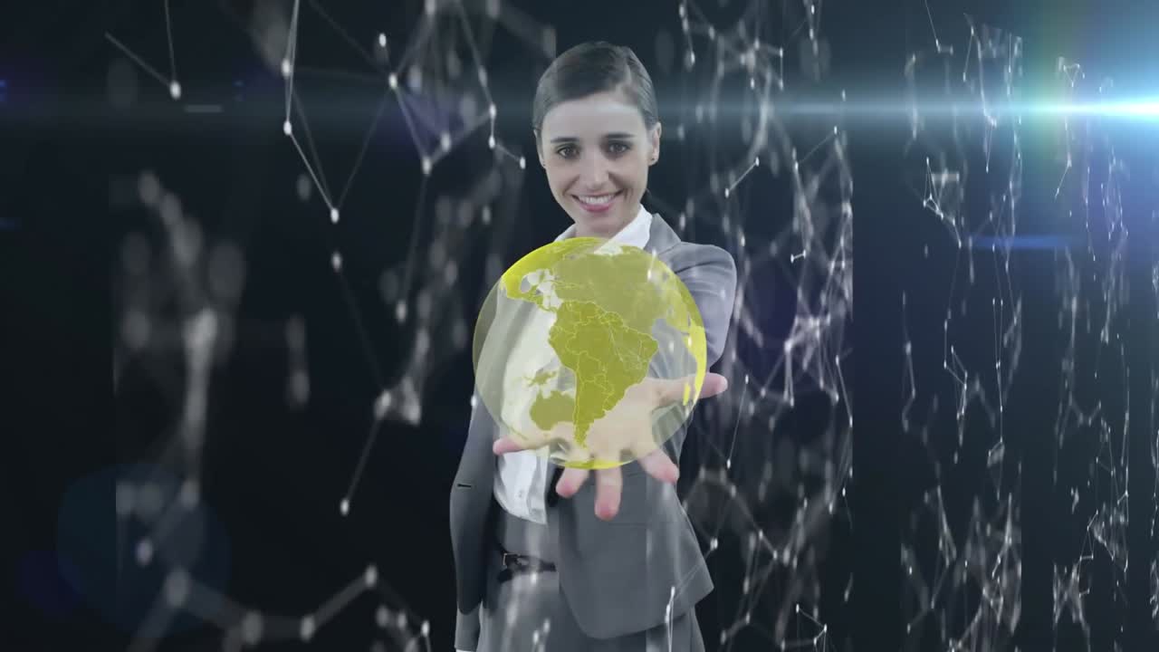 연결망으로 전 세계를 만지는 사업가 여성의 애니메이션