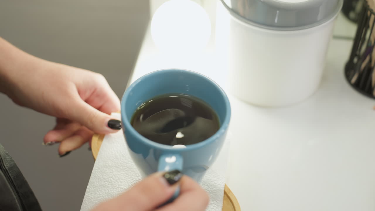 Beautician gently holds blue ceramic tea cup on small wooden tray with white tissue, showcasing black nail polish and precise care while serving warm beverage in cozy, professional salon setting