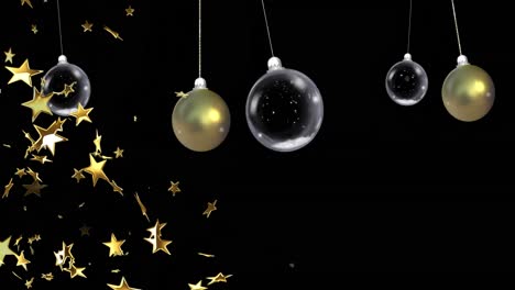 Animation-of-christmas-baubles-dangling-with-snow-falling-and-gold-stars-on-black-background