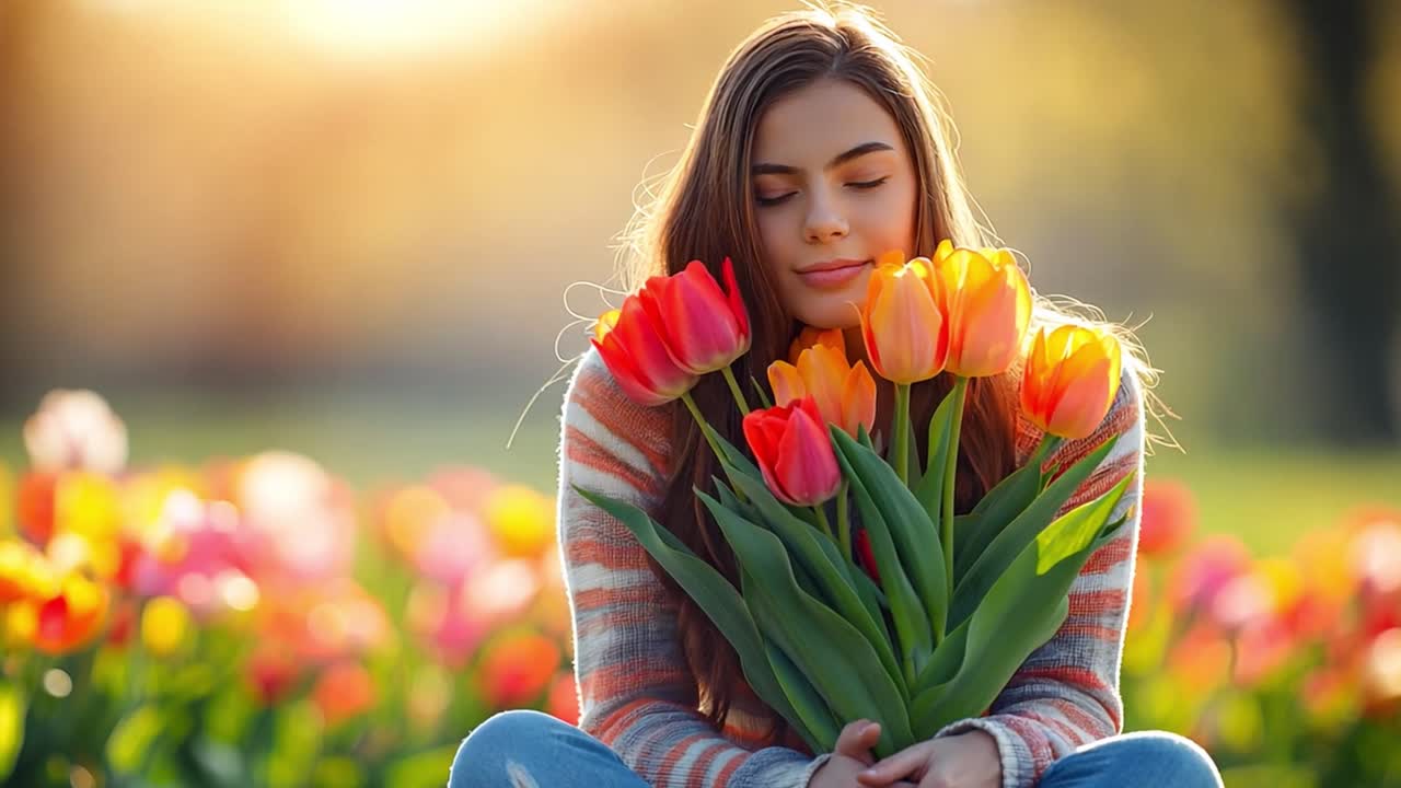 Young Woman Enjoying Tulips in a Sunny Field