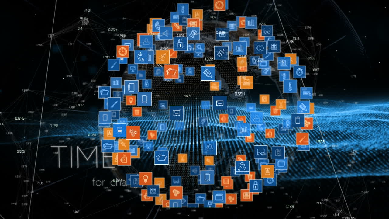 Animation of globe of network of connections with icons and mesh over black background