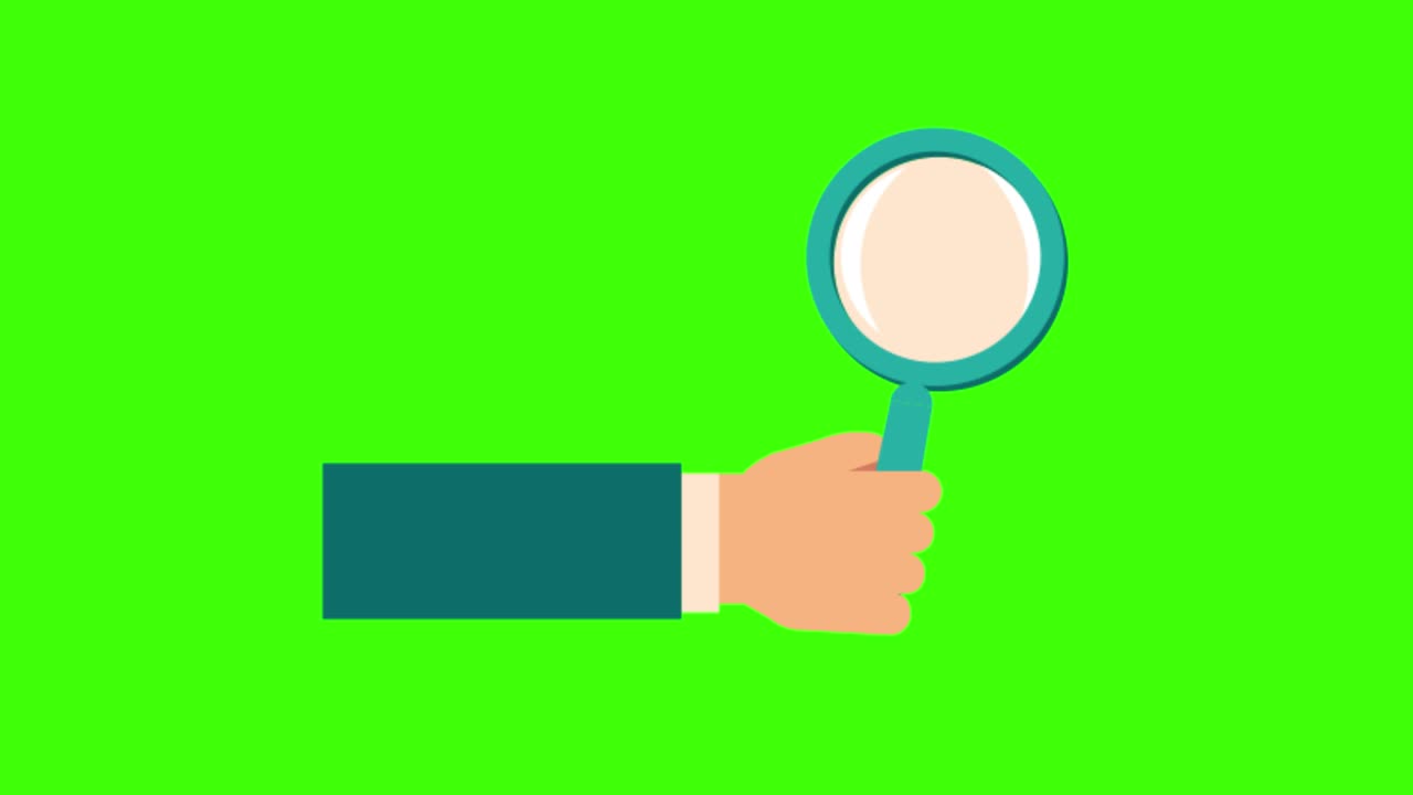 animación simple y colorida de una mano humana sosteniendo una lupa aislada en una pantalla verde en 4k
