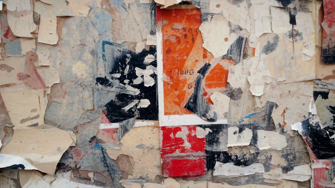A close-up, eye-level shot of a textured wall with peeling posters and layers, creating a vintage