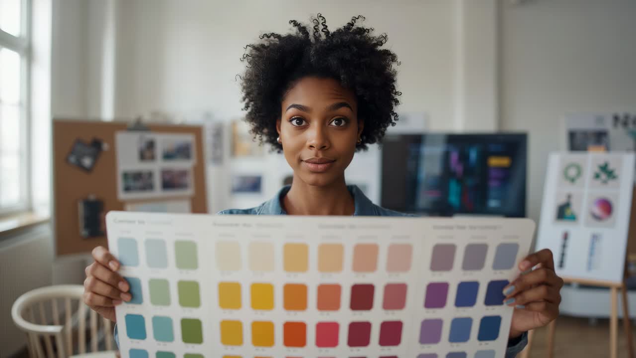 Presentación de una mujer que lleva una blusa neutra y sostiene un tablero de muestras en un estudio, mostrando colores