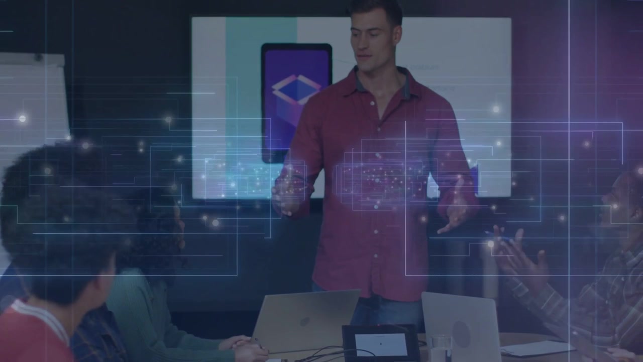 Lead raising hand and speaking to align team, tech overlay floating, team leaning, typing, clapping