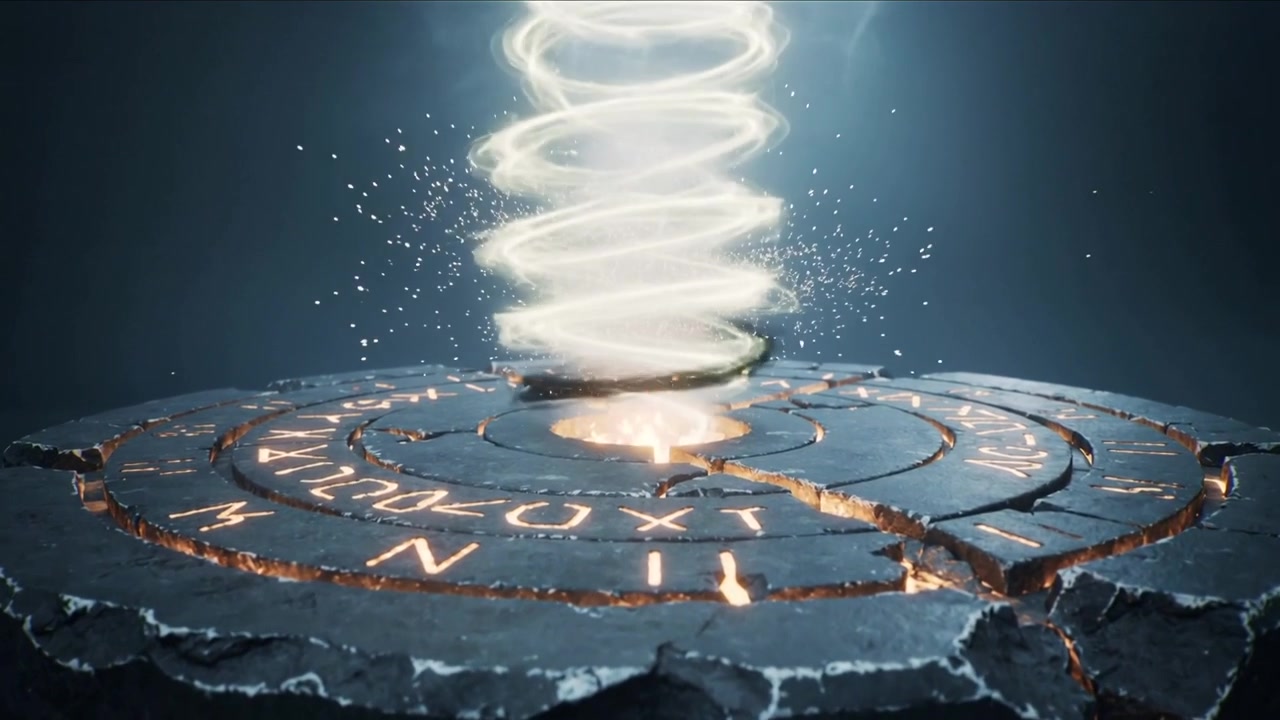 Altar Batu Magis dengan Rune Bercahaya dan Pusaran Energi yang Meningkat