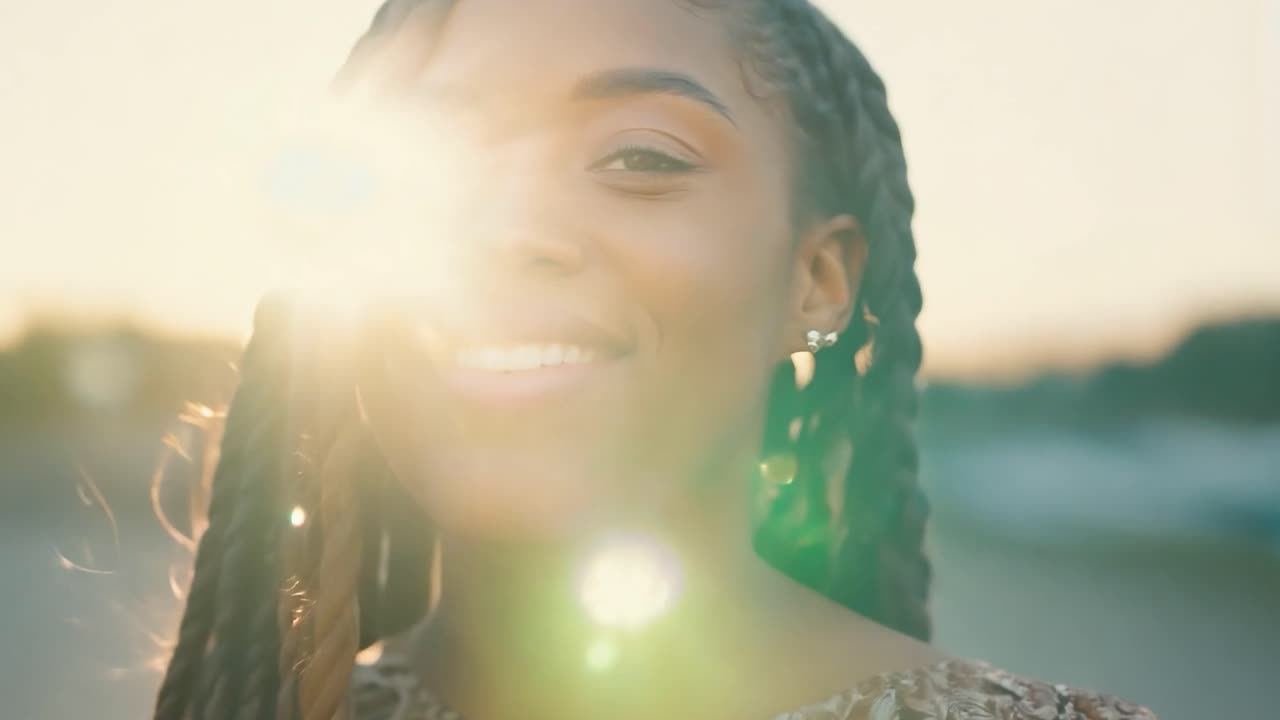 hermosa mujer afroamericana con trenzas sonriendo a la cámara