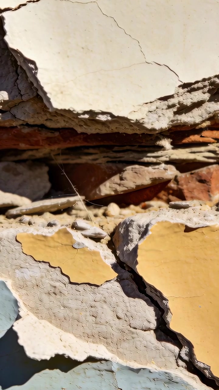 Vertical video: Panning camera revealing layered rock ledge, showing yellow patches, crack, rod