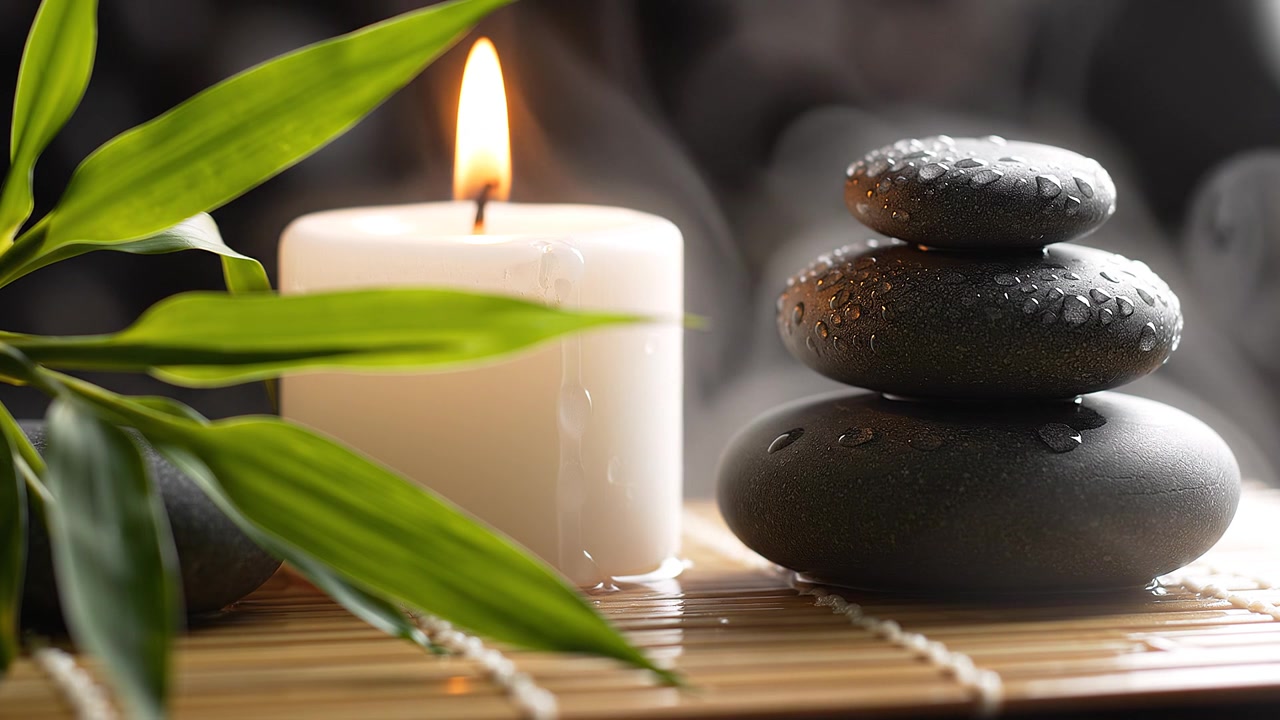 Mum, bambu ve bazalt taşlarıyla huzurlu bir spa ortamı