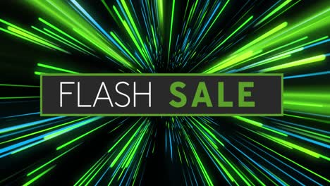 Animation-of-flash-sale-text-over-green-and-blue-neon-light-trails
