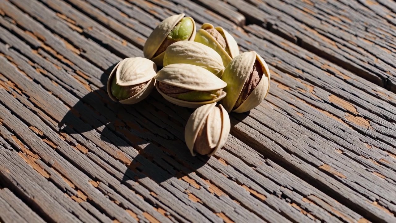 Small Pile of Pistachios on Weathered Wooden Surface
