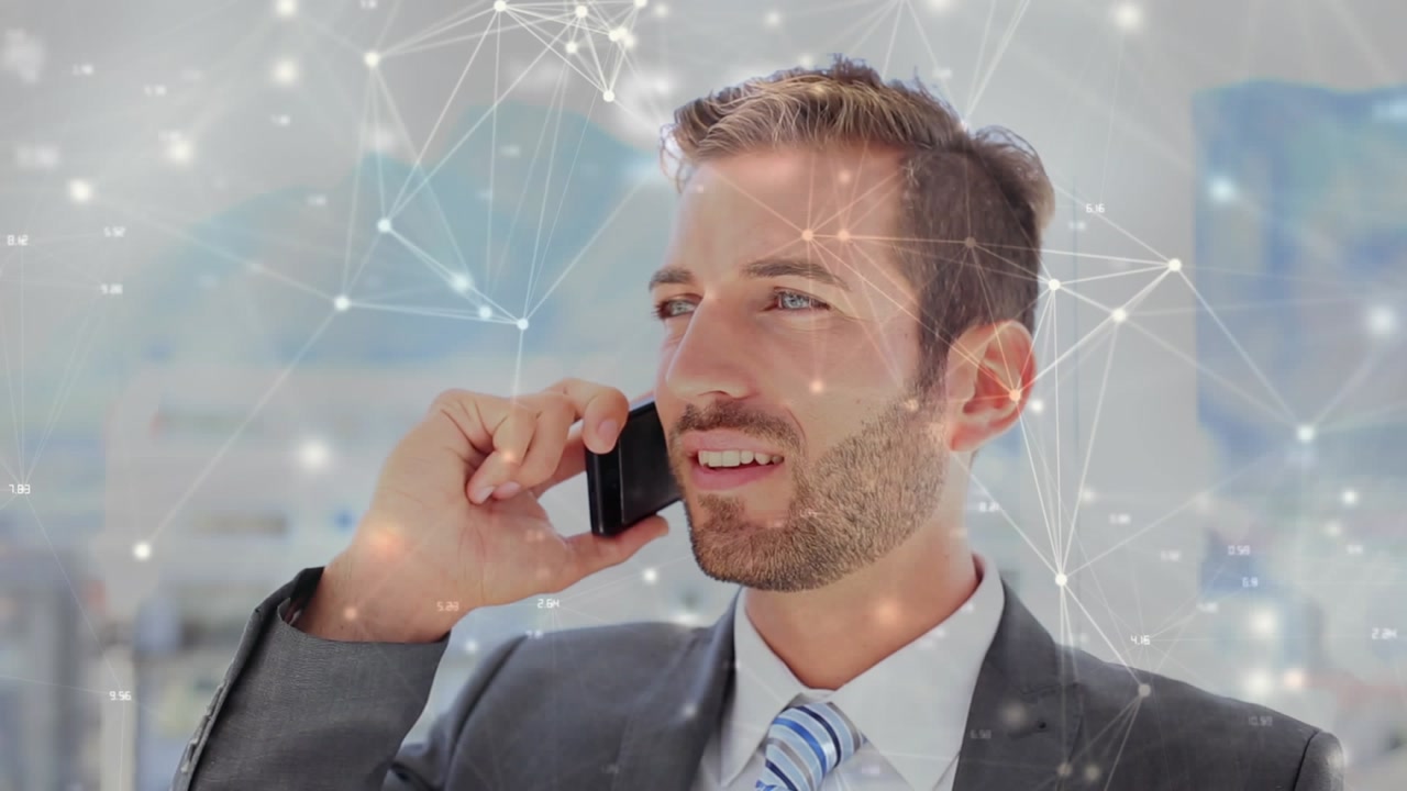 Animation of network of connections and words over caucasian businessmen